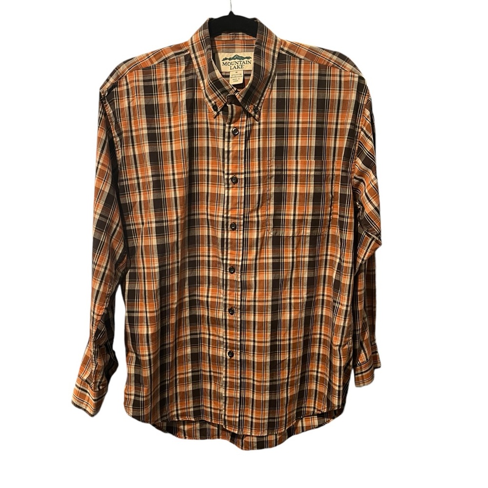 Mountain Lake Brown Orange Plaid Button Down Collared LS Shirt M Cowboy Rancher